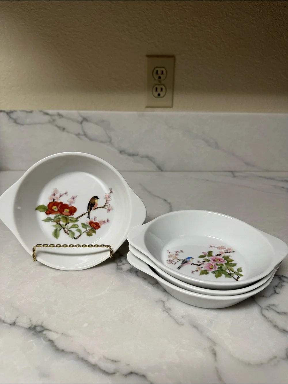 vintage botanical bird ramekins / individual casserole dishes.